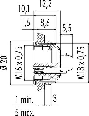 Scale drawing M16 Female panel mount connector, Contacts: 7 (07-a), unshielded, solder, IP67, UL 2238, M18x0,75, Front mounting