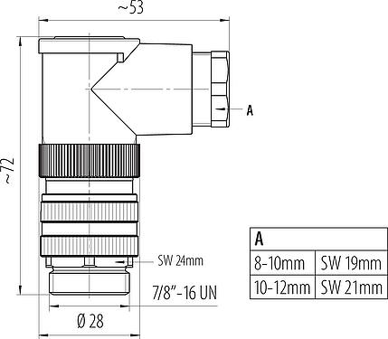 Dibujo a escala 7/8" Conector macho en ángulo, Número de contactos: 4+PE, 10,0-12,0 mm, sin blindaje, tornillo extraíble, IP67, UL 2238, VDE