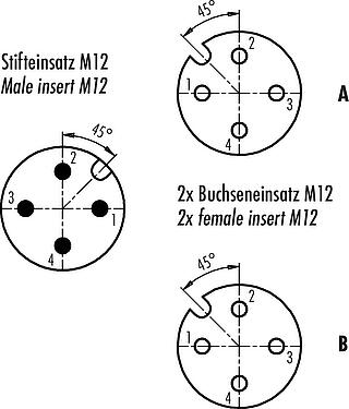 Contact arrangement (Plug-in side) M12 Twin distributors Y-distributor, male connector - 2 female connector, Contacts: 4, unshielded, pluggable, IP68, UL 2238