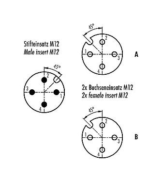 Disposición de los contactos (lado de la conexión) M12 Distribuidor doble, distribuidor de Y, macho - 2 tomas, Número de contactos: 4, sin blindaje, enchufable, IP68, UL 2238