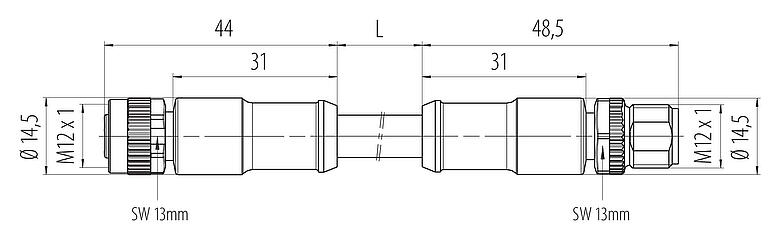 Dibujo a escala M12 Cable de conexión conector de cable macho - conector de cable hembra, Número de contactos: 2+PE, sin blindaje, moldeado en el cable, IP68, UL 2238, PUR, negro, 3 x 1,50 mm², 2 m