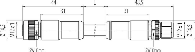 Dessin coté M12 Câble de raccordement connecteur mâle - connecteur femelle, Contacts: 2+PE, non blindé, surmoulé sur le câble, IP68, UL 2238, PUR, noir, 3 x 1,50 mm², 2 m