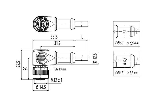 Scale drawing M12 Female angled connector, Contacts: 3, unshielded, moulded on the cable, IP68/IP69K, TMPU, self-extinguishing, black, 3 x 0.34 mm², 2 m