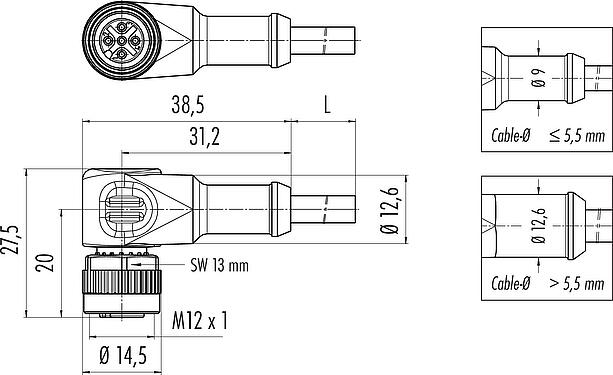 Dessin coté Connecteur femelle coudé, Contacts: 4, non blindé, surmoulé sur le câble, IP68/IP69K, UL 2238, PLTC, TPE-E, jaune, 4 x AWG 22, 3 m