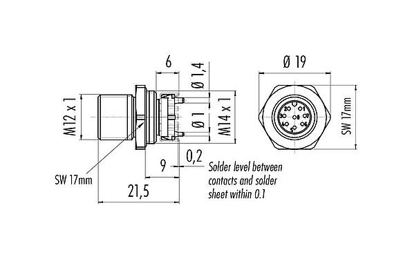 Dibujo a escala M12 Enchufe de brida, Número de contactos: 8, sin blindaje, SMT, IP67, M12x1,0, Montaje frontal