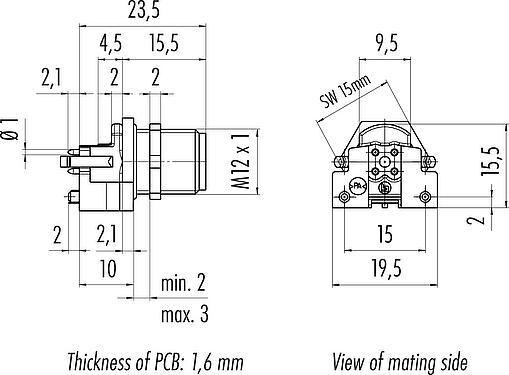 Dibujo a escala M12 Enchufe de brida, Número de contactos: 5, sin blindaje, THR, IP67, UL 2238, M12x1,0, Montaje en pared