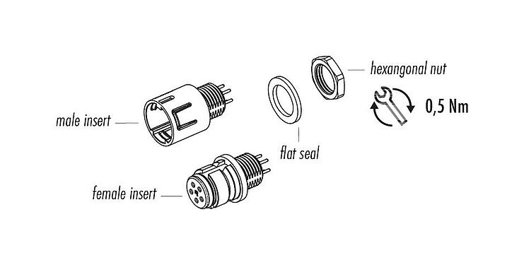 Component part drawing Snap-In Female panel mount connector, Contacts: 4, unshielded, THT, IP67, UL 2238, M8x0,75, Front mounting