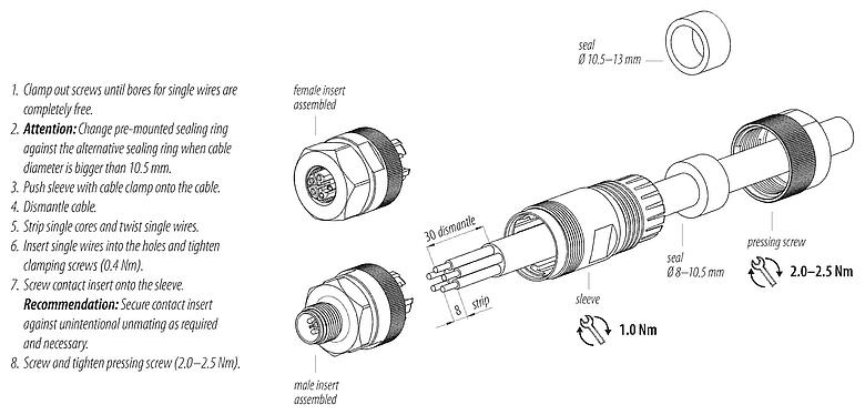 Instrucción de montaje M12 Conector de cable macho, Número de contactos: 5, 8,0-13,0 mm, sin blindaje, tornillo extraíble, IP67, M12x1,0, Acero inoxidable