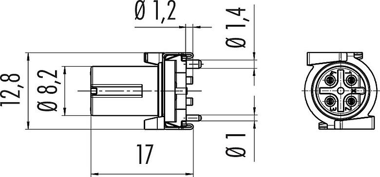 Dibujo a escala M12 Toma intgrada, Número de contactos: 4, blindable, SMT, IP67