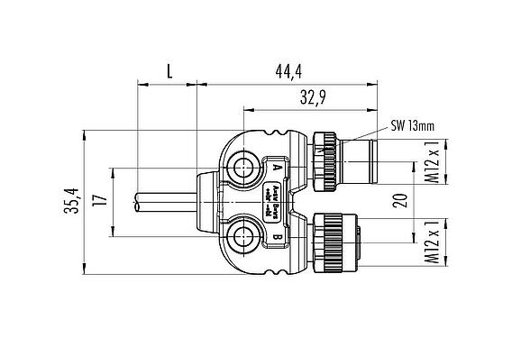 Scale drawing M12 Twin distributors, Y-distributor, Contacts: 4, unshielded, moulded on the cable, IP68, UL 2238, PUR, black, 4 x 0.25 mm², 1 m
