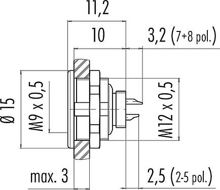 Scale drawing M9 Female panel mount connector, Contacts: 7, unshielded, solder, IP67, M12x0.5, Front mounting