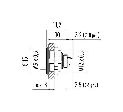Dessin coté M9 Embase femelle, Contacts: 3, non blindé, souder, IP67, M12x0,5, Montage frontal