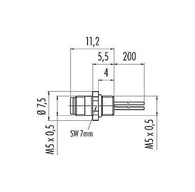 Scale drawing M5 Male panel mount connector, Contacts: 3, unshielded, single wires, IP67, M5x0.5, Front mounting, potted