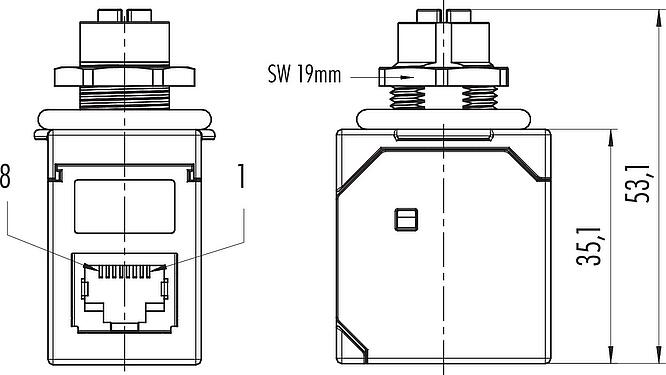 Dibujo a escala M12 Casquillo del armario de distribución, toma - RJ45 angular, Número de contactos: 8, blindado, enchufable, IP67, UL, Montaje en pared