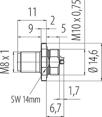 Dibujo a escala M8 Enchufe de brida, Número de contactos: 3, soldadura, IP67/IP69K, M10x0,75, Montaje frontal, con copas de soldadura