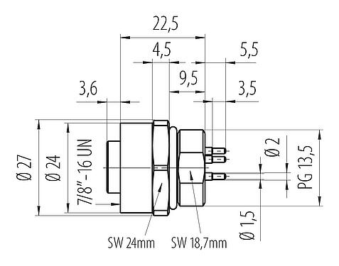 Dibujo a escala 7/8" Toma de brida, Número de contactos: 4, sin blindaje, THT, IP68, UL 2238, VDE, Montaje frontal, moldeado