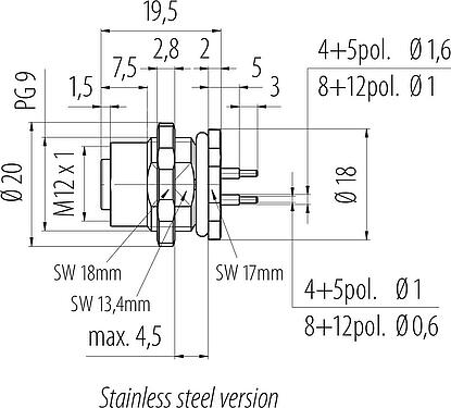 Dessin coté M12 Embase femelle, Contacts: 5, non blindé, THT, IP68, UL 2238, PG 9, Montage mural arrière, Acier inoxydable, coulé