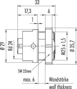 Dibujo a escala RD24 Toma de brida, Número de contactos: 3+PE, sin blindaje, tornillo extraíble, IP67, UL, ESTI+, VDE, Montaje frontal