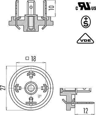 Dibujo a escala Conector de alimentación macho, Número de contactos: 2+PE, sin blindaje, soldadura, IP40 sin junta, UL, ESTI+, VDE