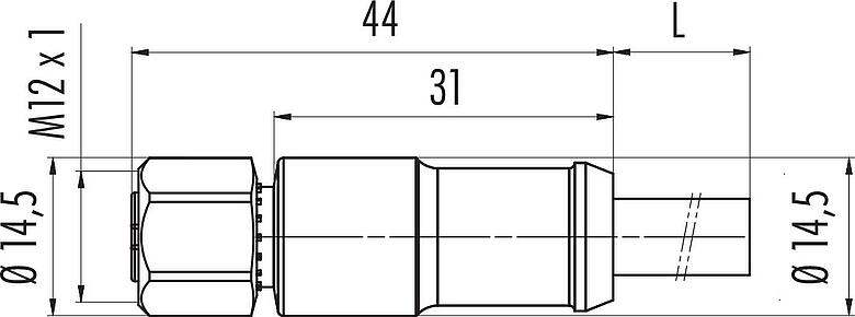 Scale drawing M12 Female cable connector, Contacts: 2+7, moulded on the cable, IP67, PUR, black, Power: 2 x 0.75 (AWG 18), Signal: 7 x 0.14 (AWG 26), 1.85 m