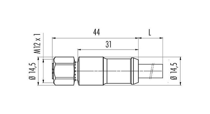 Scale drawing M12 Female cable connector, Contacts: 2+7, moulded on the cable, IP67, PUR, black, Power: 2 x 0.75 (AWG 18), Signal: 7 x 0.14 (AWG 26), 1.85 m