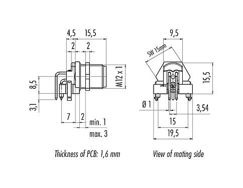 Dibujo a escala M12 Enchufe de ángulo brida, Número de contactos: 4, blindable, THR, IP68, UL 2238, Montaje en pared, para montaje de PCB
