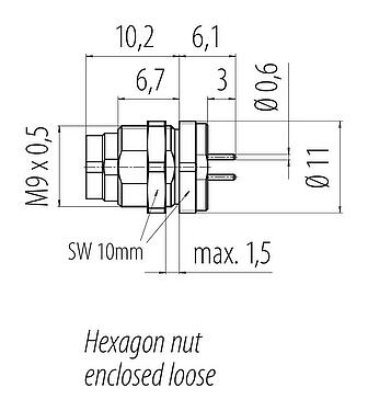 Scale drawing M9 Male panel mount connector, Contacts: 2, unshielded, THT, IP40, M9x0,5, Rear mounting