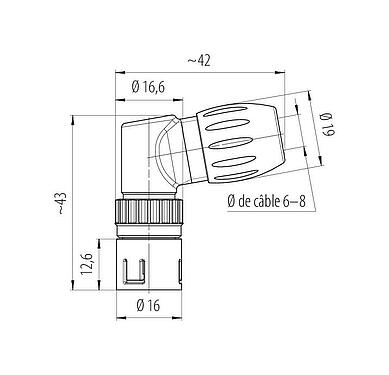 Dessin coté Snap-In Connecteur mâle coudé, Contacts: 8, 6,0-8,0 mm, non blindé, souder, IP67