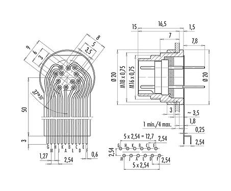 Conexión y dimensiones
M16 Enchufe de brida, Número de contactos: 12 (12-a), sin blindaje, THT, IP40, M18x0,75, Montaje en pared