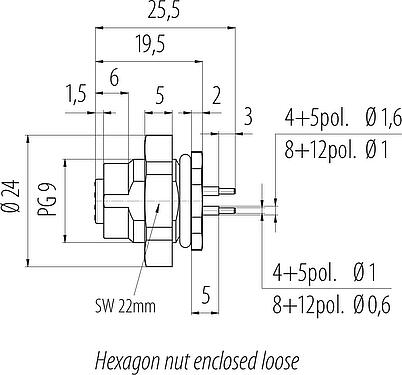 Scale drawing M12 Female panel mount connector, Contacts: 4, unshielded, THT, IP67, PG 9, Rear mounting