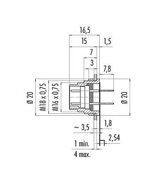 Dibujo a escala M16 Enchufe de brida, Número de contactos: 12 (12-a), sin blindaje, THT, IP40, M18x0,75, Montaje en pared