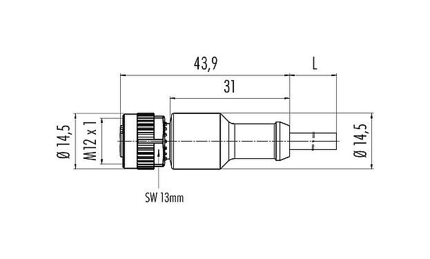 Scale drawing M12 Female cable connector, Contacts: 5, unshielded, moulded on the cable, IP68/IP69K, PUR, black, 5 x 0.34 mm², for welding applications, 2 m
