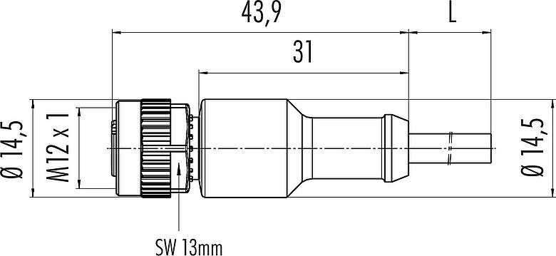 Dessin coté M12 Connecteur femelle, Contacts: 3, non blindé, surmoulé sur le câble, IP68/IP69K, UL 2238, PUR, orange, 3 x 0,34 mm², pour les applications de soudage, 5 m