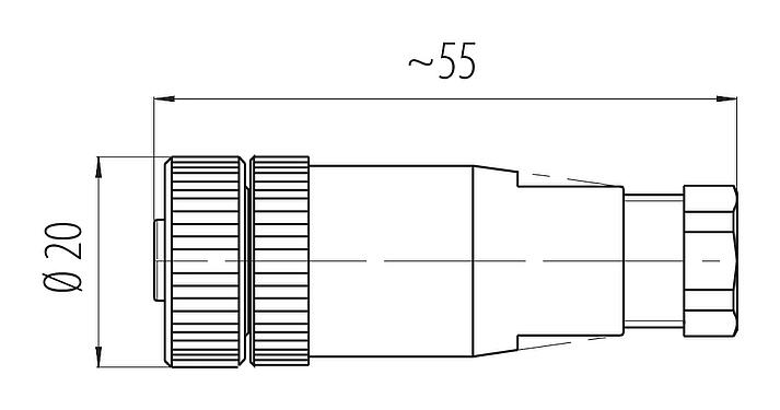 Dibujo a escala M12 Conector de cable hembra, Número de contactos: 2+PE, 4,0-6,0 mm, sin blindaje, tornillo extraíble, IP67
