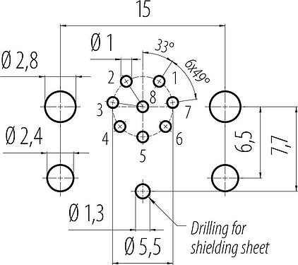 Disposition du conducteur M12 Embase mâle, Contacts: 8, blindable, THR, IP68, UL 2238, M12x1,0, Montage mural arrière, pour assemblage PCB