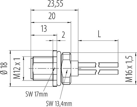 Dessin coté M12 Embase mâle, Contacts: 4, non blindé, fils, IP68, UL 2238, M16x1,5, Montage frontal