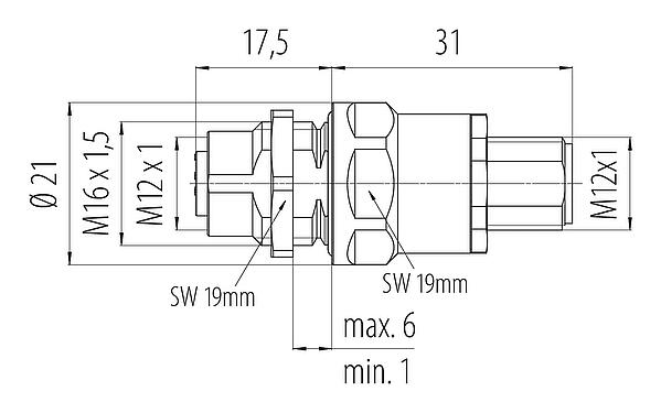 Scale drawing M12 Lead-through for control cabinet, Contacts: 4, shielded, pluggable, IP67, UL 2238, M12x1.0, Rear mounting
