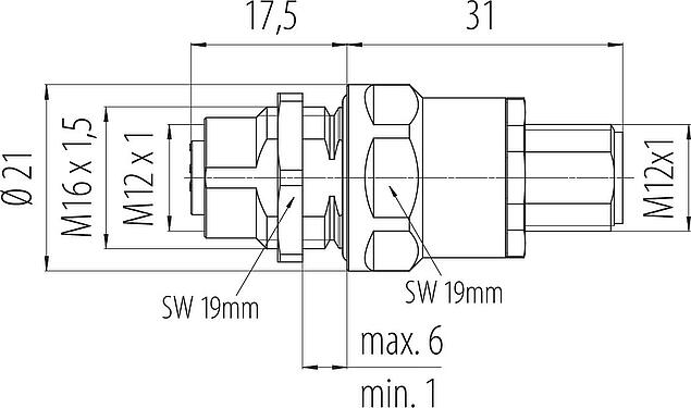 Dibujo a escala M12 Casquillo del armario de distribución, Número de contactos: 4, blindado, enchufable, IP67, UL 2238, M12x1,0, Montaje en pared