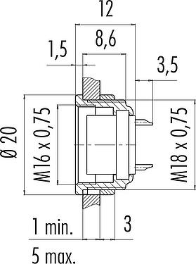 Dessin coté M16 Embase femelle, Contacts: 24, non blindé, souder, IP40, M18x0,75, Montage frontal
