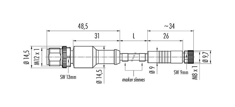 Scale drawing M12/M8 Male cable connector - female cable connector, Contacts: 3, unshielded, moulded on the cable, IP67/IP69K, UL 2238, PVC, grey, 3 x 0.34 mm², 2 m