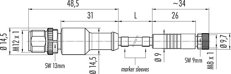 Dessin coté M12/M8 Connecteur mâle - connecteur femelle, Contacts: 3, non blindé, surmoulé sur le câble, IP67/IP69K, UL 2238, PVC, gris, 3 x 0,34 mm², 0,3 m