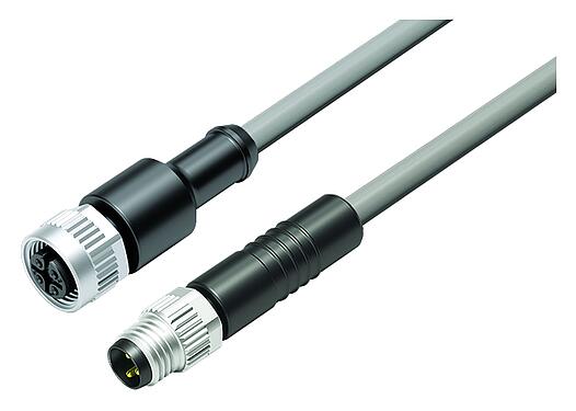 Illustration M12/M8 Male cable connector - female cable connector, Contacts: 3, unshielded, moulded on the cable, IP67/IP69K, UL 2238, PVC, grey, 3 x 0.34 mm², 5 m