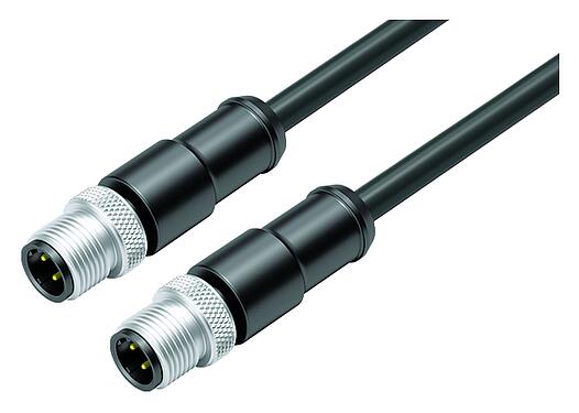 Illustration M12 Connecting cable 2 male cable connectors, Contacts: 4, shielded, moulded on the cable, IP67, UL, Ethernet CAT5e, TPE, black, 2 x 2 x AWG 24, 2 m