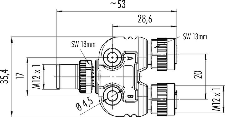 Scale drawing M12 Twin distributors Y-distributor, male connector - 2 female connector, Contacts: 4/3, unshielded, pluggable, IP68, UL 2238, with LED PNP closer