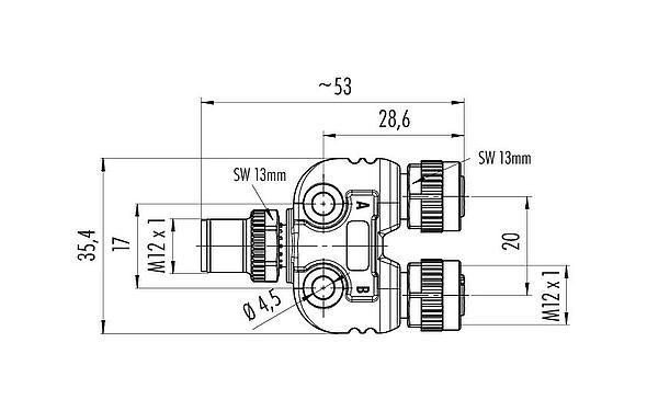 Scale drawing M12 Twin distributors Y-distributor, male connector - 2 female connector, Contacts: 4/3, unshielded, pluggable, IP68, UL 2238, with LED PNP closer