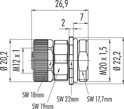 Dessin coté M12 Embase femelle, Contacts: 4, non blindé, pince à visser, IP67, UL 2238, VDE, M20x1,5, Montage frontal, pour l'alimentation électrique