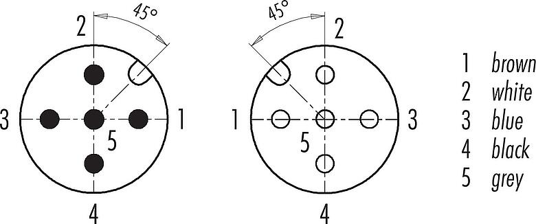 Disposition des contacts (Côté plug-in) M12 Connecteur mâle - connecteur d‘angle femelle, Contacts: 5, non blindé, surmoulé sur le câble, IP68/IP69K, PVC, gris, 5 x 0,34 mm², 2 m