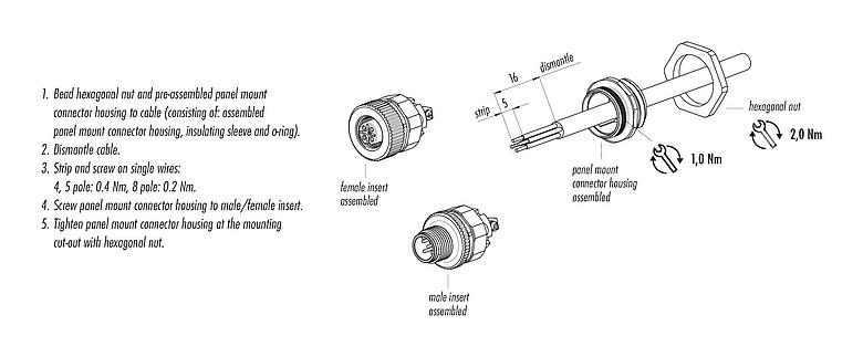 Assembly instructions M12 Female panel mount connector, Contacts: 4, unshielded, screw clamp, IP67, UL 2238, VDE, M20x1.5, Front mounting, for the power supply