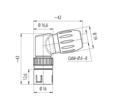 Dibujo a escala Snap-In Conector macho en ángulo, Número de contactos: 8, 6,0-8,0 mm, sin blindaje, soldadura, IP67
