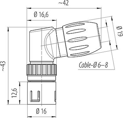 Scale drawing Snap-In Male angled connector, Contacts: 3, 6.0-8.0 mm, unshielded, solder, IP67